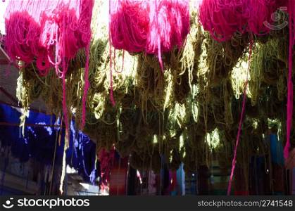 recently spun wool, dyed and drying in Medina in Marrakech, Morocco