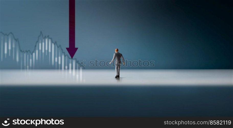 Recession, Inflation and Depression Concepts. Economic Crisis. Graph Fall Down, Business Collapse. Miniature Figure of Businessman Looking at a Red Graph Arrow getting Down