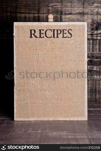 Recipes linen kitchen wooden board for kitchen on wooden table background