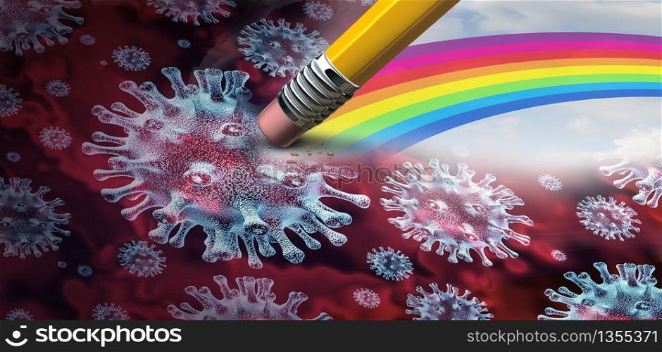 Recovery from disease and Coronavirus cure or covid-19 medical research and influenza treatment as medicine researching a vaccine with a hope,rainbow of hope as a 3D illustration.