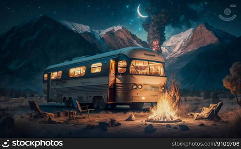 Recreational rv c&ing on open landscape forest mountains, c&fire. Generative AI. High quality illustration. Recreational rv c&ing on open landscape forest mountains, c&fire. Generative AI