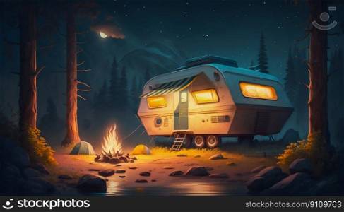 Recreational rv c&ing on open landscape forest mountains, c&fire. Generative AI. High quality illustration. Recreational rv c&ing on open landscape forest mountains, c&fire. Generative AI