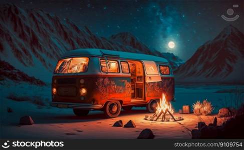 Recreational rv c&ing on open winter landscape forest mountains, c&fire. Generative AI. High quality illustration. Recreational rv c&ing on open winter landscape forest mountains, c&fire. Generative AI