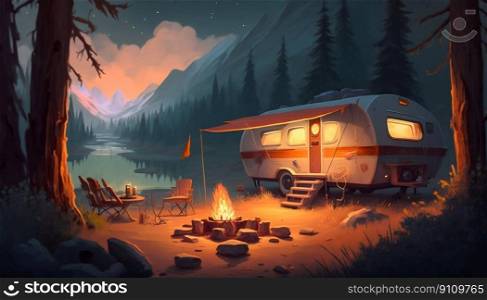 Recreational rv camping on open landscape forest mountains, campfire. Generative AI. High quality illustration. Recreational rv camping on open landscape forest mountains, campfire. Generative AI