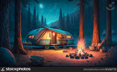 Recreational rv camping on open landscape forest mountains, campfire. Generative AI. High quality illustration. Recreational rv camping on open landscape forest mountains, campfire. Generative AI