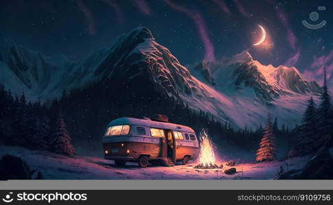 Recreational rv camping on open winter landscape forest mountains, campfire. Generative AI. High quality illustration. Recreational rv camping on open winter landscape forest mountains, campfire. Generative AI