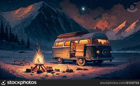 Recreational rv camping on open winter landscape forest mountains, campfire. Generative AI. High quality illustration. Recreational rv camping on open winter landscape forest mountains, campfire. Generative AI