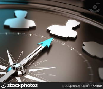 Recruitment or hiring qualified candidate concept. Compass needle pointing a talent symbol over a brown and blue background with focus and blur effect.. Recruitment Concept - Qualified Candidate