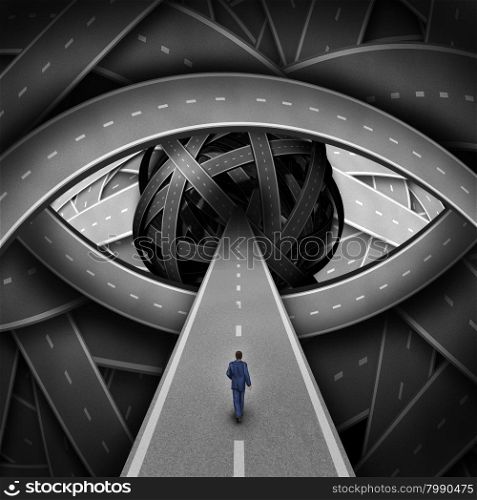 Recruitment visionary road and business recruiting concept as a businessman walking on a straight path into a group of streets shaped as a human eye as a success metaphor for searching for new career opportunities.