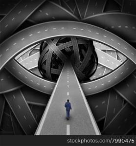 Recruitment visionary road and business recruiting concept as a businessman walking on a straight path into a group of streets shaped as a human eye as a success metaphor for searching for new career opportunities.