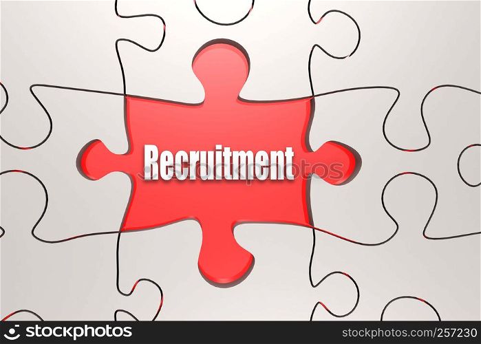 Recruitment word on jigsaw puzzle, 3D rendering