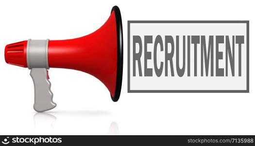 Recruitment word with red megaphone isolated on white, 3D rendering