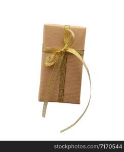 rectangle box wrapped in brown kraft paper and tied with a silk golden ribbon, gift isolated on a white background