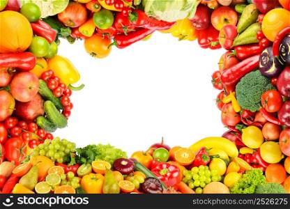 Rectangle frame of bright and colorful fruits, vegetables and berries isolated on white background.