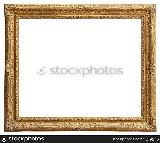 Rectangle Old gilded golden wooden frame isolated on white background with clipping path