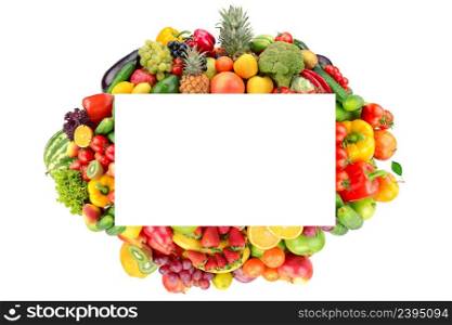 Rectangular fruit and vegetable frame isolated on white background. Copy space.