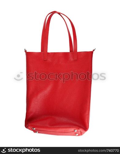 rectangular red women's leather bag with handles isolated on white background