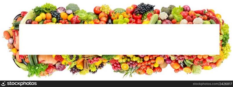 Rectangular wide frame of vegetables and fruits isolated on white background.