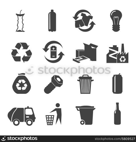 Recyclable Materials Icons Set . Recyclable materials black white icons set with glass plastic metal and food waste flat isolated vector illustration