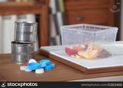 Recyclable objects on kitchen surface