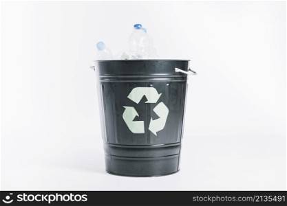 recycle bucket with plastic bottles white background
