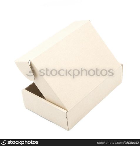 Recycle cardboard box package, upside view, isolated on white background