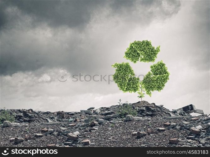Recycle concept. Conceptual image with recycle green sign growing on ruins