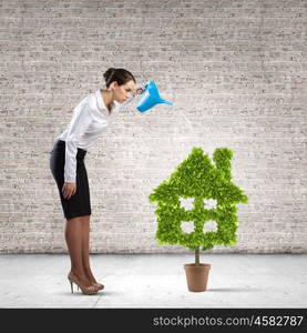 Recycle concept. Young attractive businesswoman watering plant in pot with can