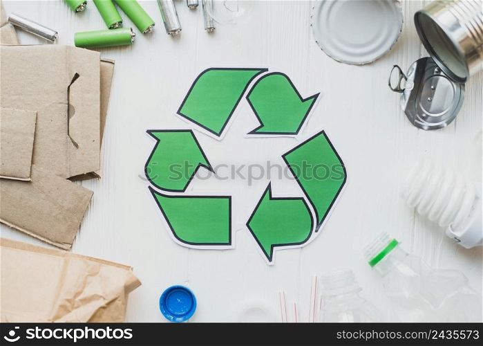 recycle items white wooden background