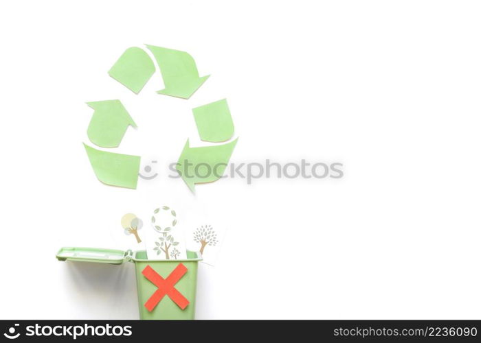 recycle logo near bin with greenery drawings