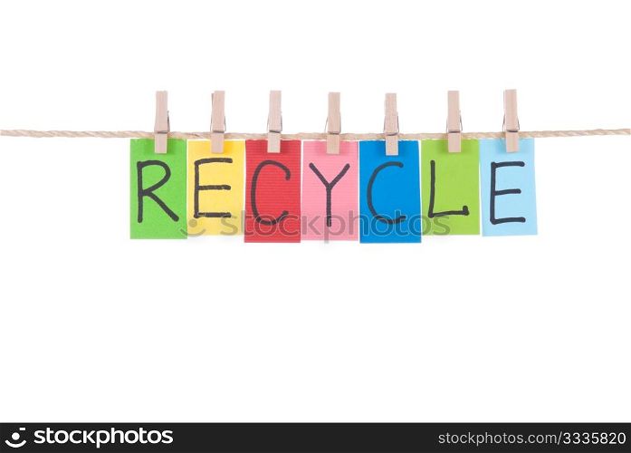 Recycle, paper words card hang by wooden peg