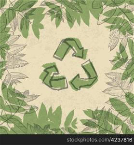 Recycle symbol, printed on reuse paper. In frame of leaves. vector illustration, EPS10.
