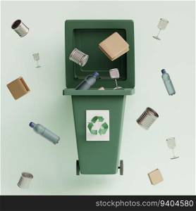Recycling garbage bin. waste management recycling concept. Trash can with garbage and green recycle sign. 3d render illustration