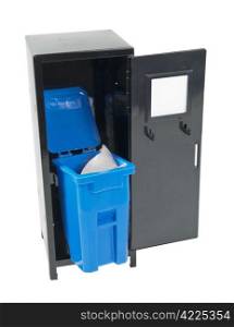 Recycling school items shown by a recycling bin inside a locker - path included
