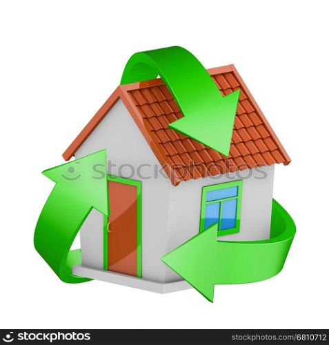 Recycling sign and a house on a white background. 3D rendering.