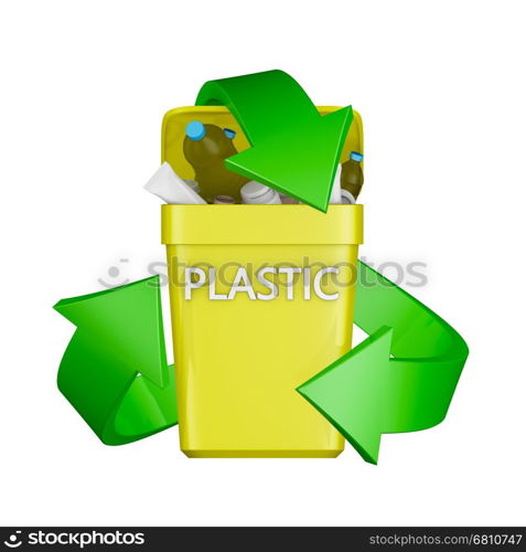 Recycling sign and the container with plastic waste. 3D rendering.