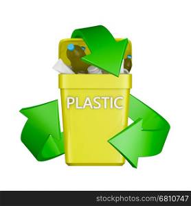 Recycling sign and the container with plastic waste. 3D rendering.