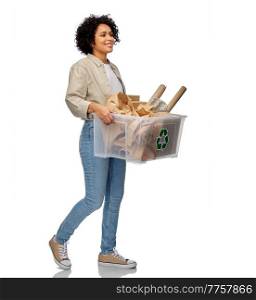 recycling, waste sorting and sustainability concept - happy smiling woman holding paper garbage in plastic box over white background. happy woman sorting paper waste