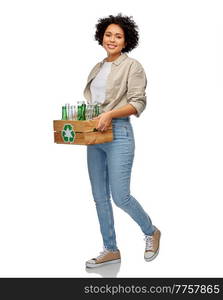 recycling, waste sorting and sustainability concept - happy smiling woman holding wooden box with glass bottles over white background. happy woman sorting glass waste