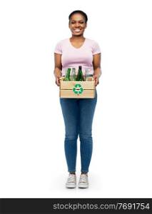 recycling, waste sorting and sustainability concept - happy smiling young african american woman holding wooden box with glass bottles over white background. happy african american woman sorting glass waste
