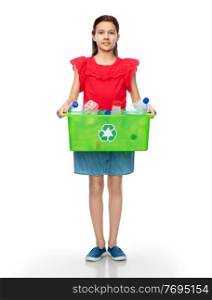 recycling, waste sorting and sustainability concept - smiling girl holding box with plastic bottles over white background. smiling girl sorting plastic waste