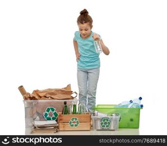 recycling, waste sorting and sustainability concept - smiling girl with plastic and glass bottles, papers garbage and metal tin cans in boxes over white background. happy girl sorting paper, metal and plastic waste