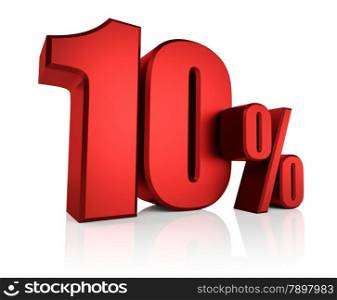 Red 10 percent on white background. 3d render discount