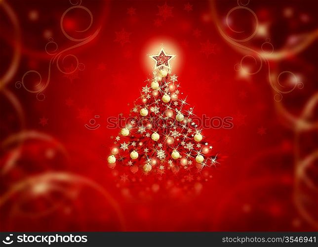 Red Abstract Christmas Background With Tree