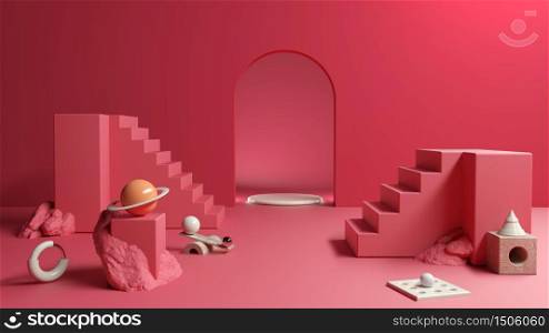 Red Abstract composition platform geometry design for show products and cosmetics presentation, 3d illustration
