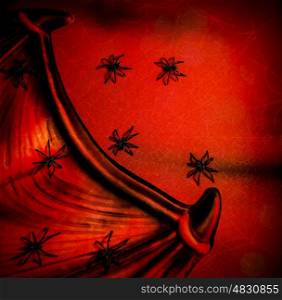 Red abstract scary background, Halloween greeting card, clothes part of vampire, many eerie spiders, holiday of horror concept