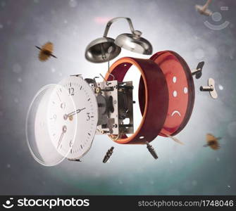 Red alarm clock scatters in parts in explosion