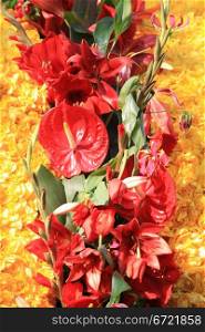 red amarylis, tulips and anthurium and yellow tulips