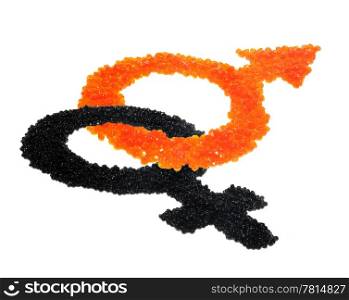 Red and black caviar as a symbol of man a woman on the white background, to the day of Sainted Valentine