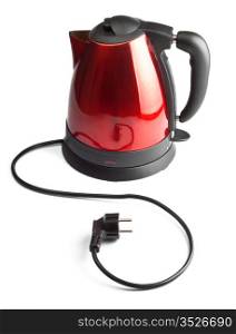 red and black electrical tea kettle isolated on white